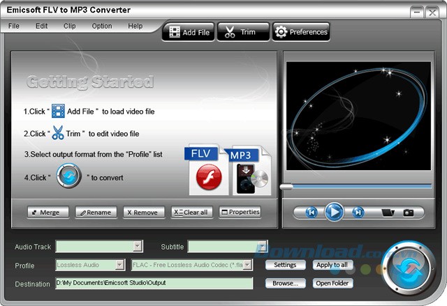 Giao diện chính của Emicsoft FLV to MP3 Converter