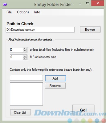 Giao diện của Empty Folder Finder