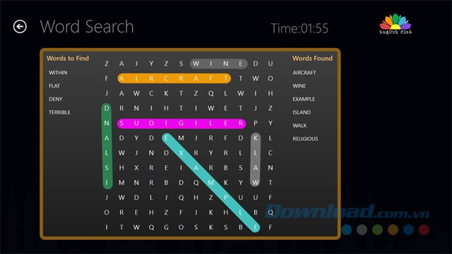 Tìm từ tiếng Anh trong số các chữ cái được sắp xếp lộn xộn của ứng dụng học tập English Club cho PC