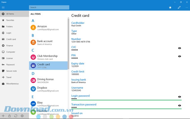 Giao diện ứng dụng Enpass cho Windows 10