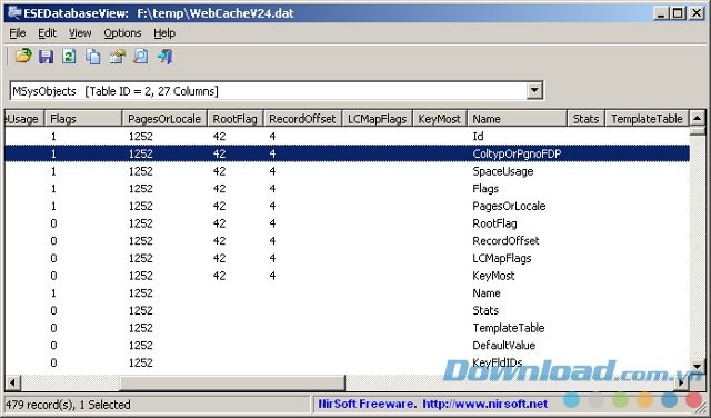 ESEDatabaseView với giao diện trong ổ F