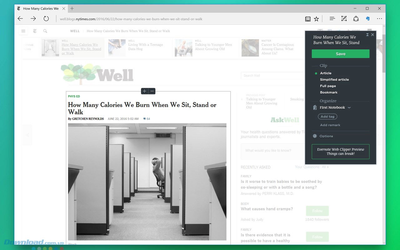Giao diện tiện ích Evernote Web Clipper