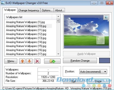Giao diện phần mềm EvJO Wallpaper Changer