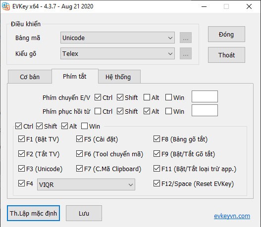 Các thiết lập hệ thống trong EVKey