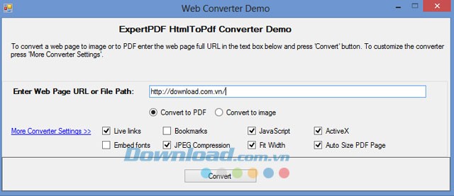 Giao diện phần mềm ExpertPDF HTML to PDF Converter