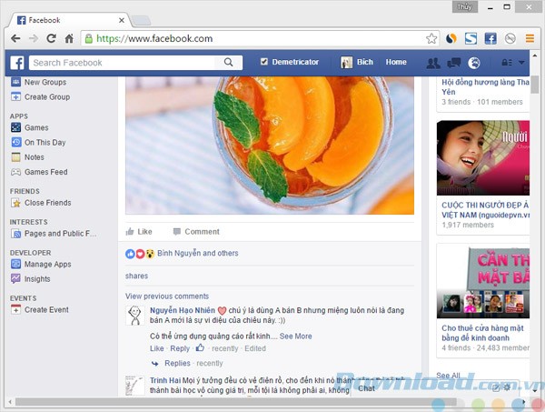 Giao diện Facebook khi cài Facebook Demetricator