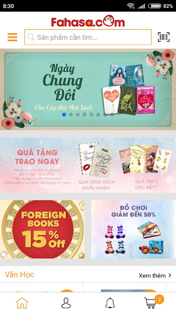 Giao diện chính của Fahasa mobile