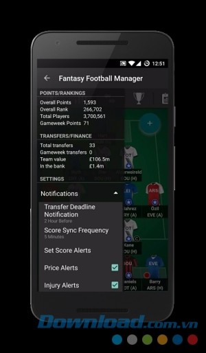 Bảng điểm đội tuyển của Fantasy Football Manager cho Android
