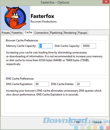 Tùy chọn Cache của Fasterfox
