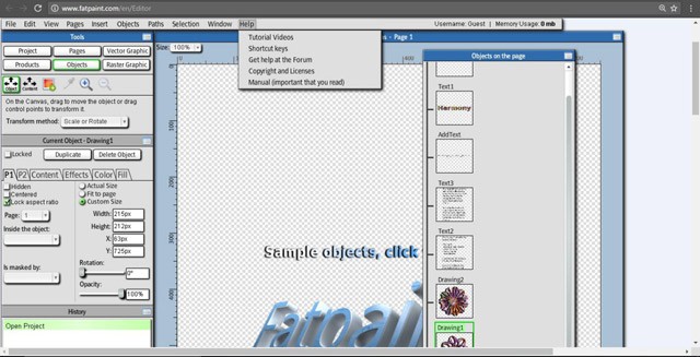 Giao diện chính của ứng dụng thiết kế đồ họa trực tuyến Fatpaint