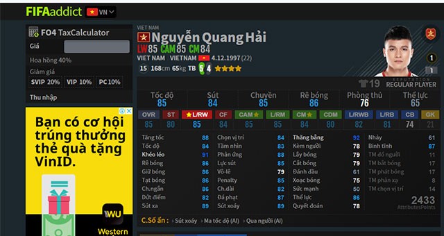 Chi tiết chỉ số cầu thủ trên FIFA addict