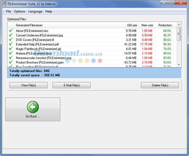 Giao diện FILEminimizer Suite sau khi nén xong