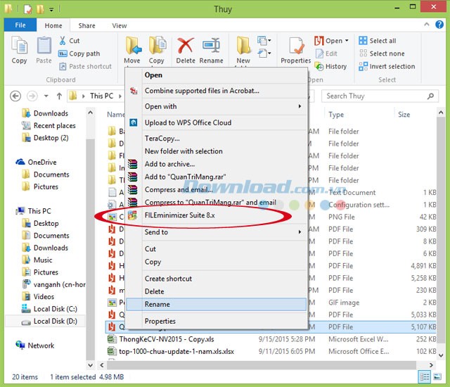 FILEminimizer Suite tích hợp menu chuột phải