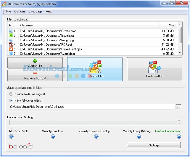 Giao diện chính của phần mềm nén FILEminimizer Suite