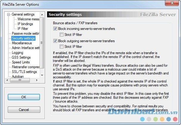 Thiết lập an ninh cho FileZilla Server