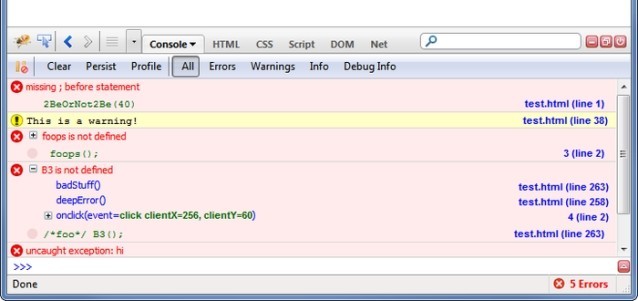 Báo lỗi trong code web khi xem bằng Firebug