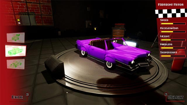 Chọn và tùy chỉnh xe đua thông qua các thông số như tốc độ, tăng tốc, trọng lượng...