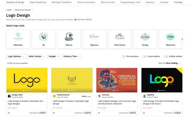 Có rất nhiều dịch vụ trên Fiverr: thiết kế logo, tiếp thị truyền thông, quảng cáo,...