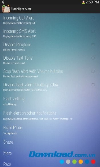 Flash Light Alerts với giao diện mà hình chính