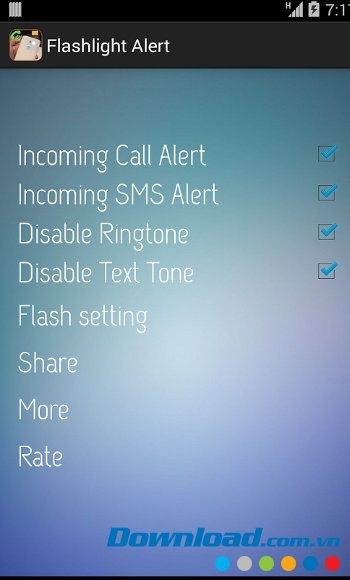 Flash light alert với giao diện chọn tính năng cho đèn