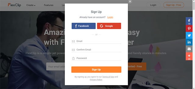 Đăng ký FlexClip miễn phí hoặc đăng nhập bằng Facebook, Google