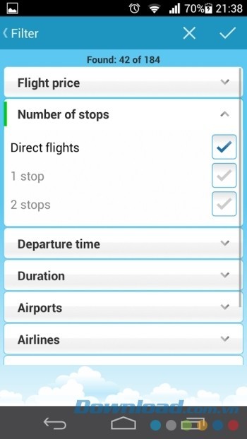 Đa bộ lọc của ứng dụng Flights