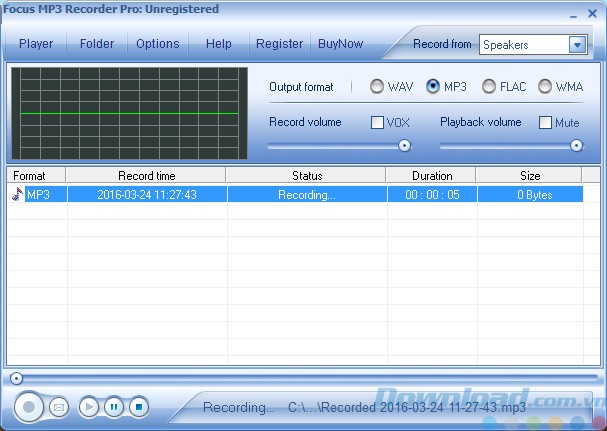 Giao diện của phần mềm ghi âm Focus MP3 Recorder Pro