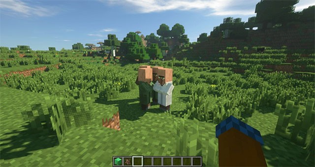 Cầm ngọc lục bảo trên tay để thu hút dân làng với Following Villagers Mod