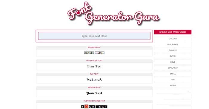 Font Generator Guru là trang web tạo phông chữ nghệ thuật sáng tạo