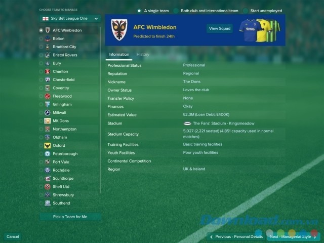 Xem kỹ thông tin về đội bóng trong game quản lý bóng đá Football Manager 2017 cho máy tính, Mac và Linux