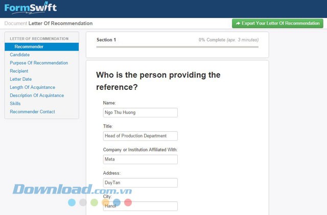 Điền thông tin trong biểu mẫu