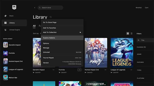 Trên Epic Games Store, tìm Fortnite, nhấp vào dấu ba chấm rồi chọn “Explore Addons