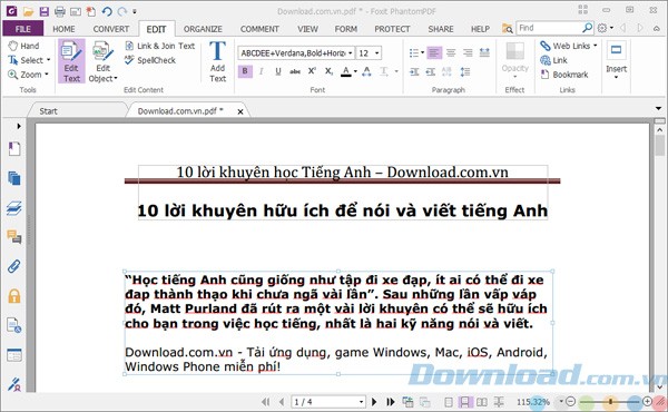 Tính năng chỉnh sửa PDF của Foxit PhantomPDF Standard