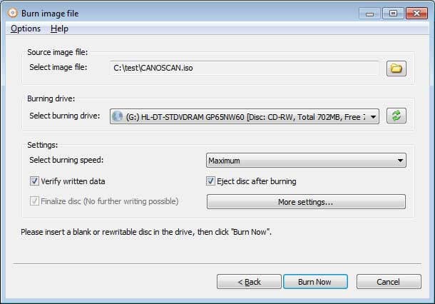 Free AnyBurn cung cấp các tùy chọn ghi file