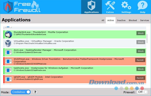Giao diện chính của ứng dụng tường lửa Free Firewall miễn phí cho máy tính