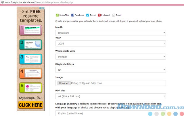 Làm lịch trực tuyến với Free Photo Calendar