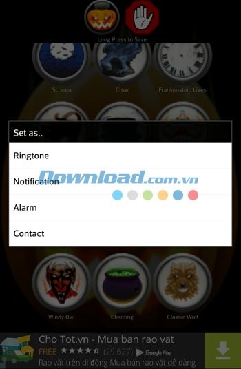 Các tùy chọn thiết lập kiểu chuông trong Free Scary Halloween Ringtones cho Android