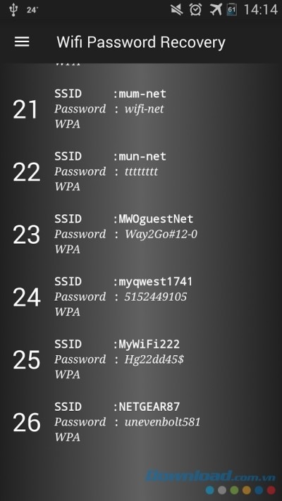 Danh sách mật khẩu đã được Wifi Password Recovery lưu lại trên Android