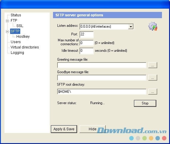 Sử dụng các tùy chọn chung dành cho máy chủ SFTP của ứng dụng miễn phí FreeFTPd cho máy tính