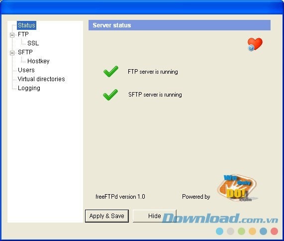 Giao diện chính đơn giản của ứng dụng máy chủ miễn phí cho máy tính FreeFTPd