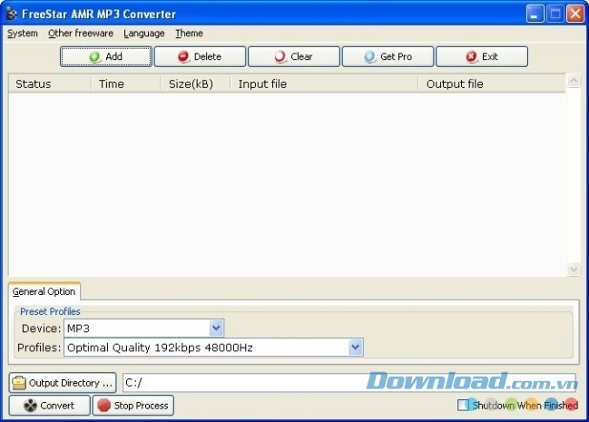 Giao diện làm việc của FreeStar AMR MP3 Converter