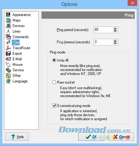 Các lựa chọn ping thiết bị