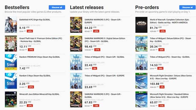 Bạn có thể tìm thấy các sản phẩm như key game, game digital, vật phẩm và DLC