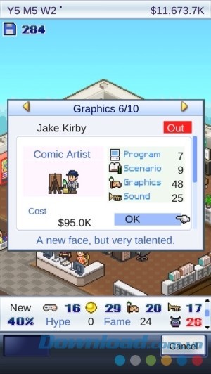 Game Dev Story cho iOS hiện chỉ số nhân viên