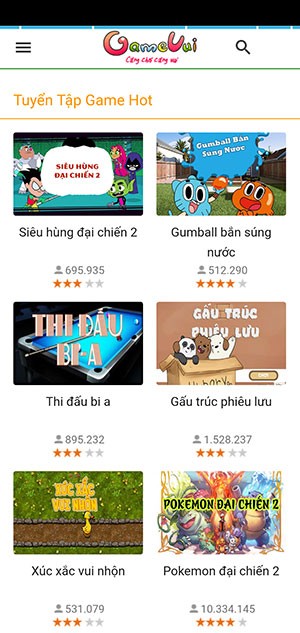 Giao diện trang chủ của Gamevui