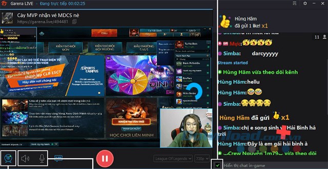 Giao diện phát trực tiếp trên Garena Live