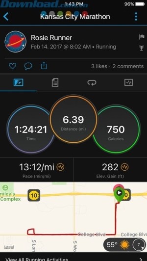 Xem đường chạy, khoảng cách, thời gian và lượng calo tiêu thụ