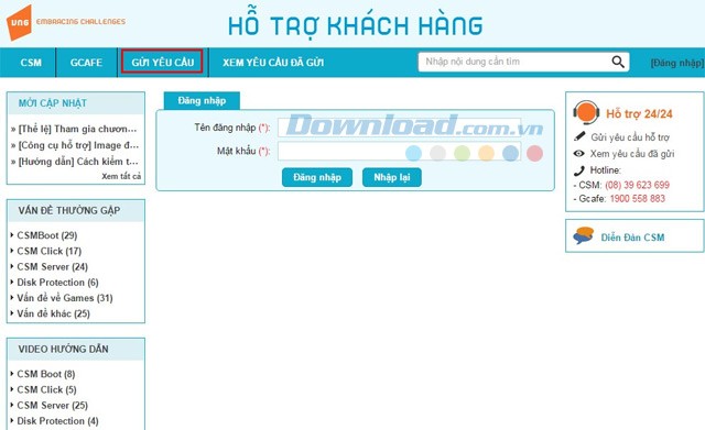 Gửi yêu cầu hỗ trợ kỹ thuật tới VNG