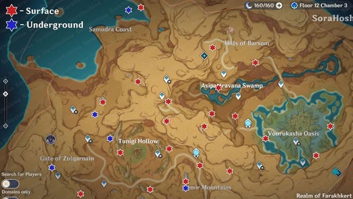 Vị trí của 36 Tịnh Quang Vũ, màu đỏ thể hiện chúng ở trên bề mặt và màu xanh là ở dưới lòng đất.