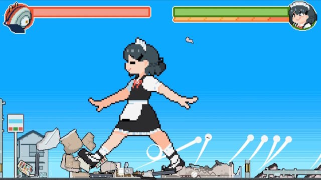 Điều khiển một cô hầu gái khổng lồ phá hủy các tòa nhà